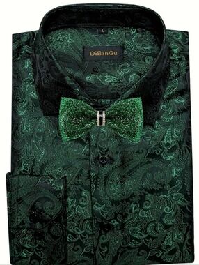 NEW MEN LUXURY DARK GREEN PAISELY DRESS SHIRT WITH BOW TIE SIZE 2XL - SIZE 44
